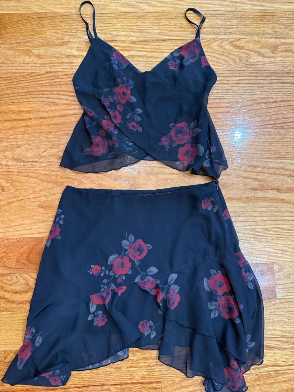 MOTEL ROCKS Floral Black & Red Wrap Skirt Set- Women's Lightweight Summer Skirt
